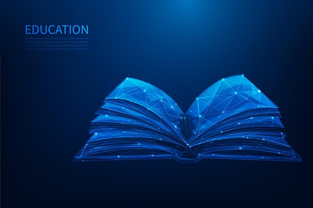 3D-Offenbuch Bildung und Wissen über blauen Hintergrund Online-Lernen digitales Low-Poly-Wireframe