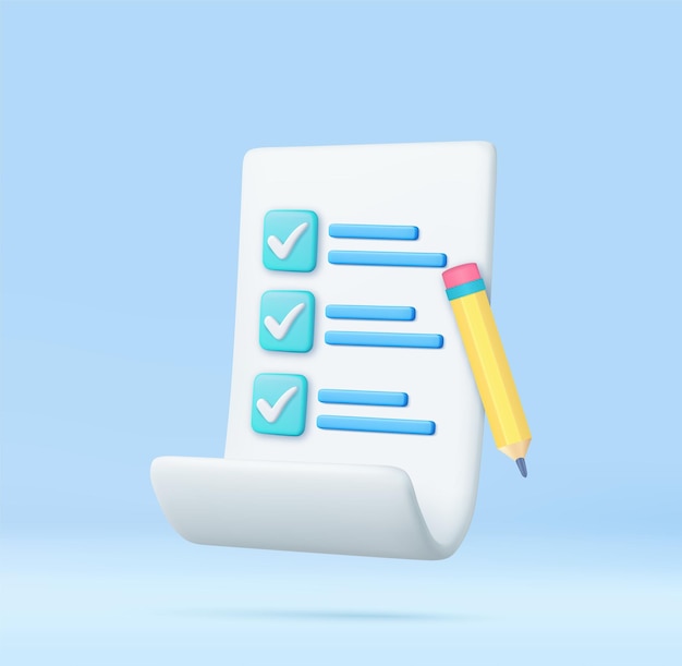 3D-Papier-Aufgabenverwaltungs-ToDo-Checkliste mit Bleistift-Bleistift-Notiz-Prüfungspapier-Checklisten-Symbol 3D-Rendering-Vektorillustration
