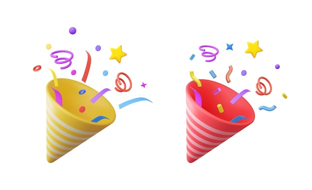 3D-Party-Popper mit Explosionskonfetti Geburtstagsüberraschung Feuerwerk mit Serpentin Urlaub und Veranstaltungsfeier 3D-Rendering Vektorillustration