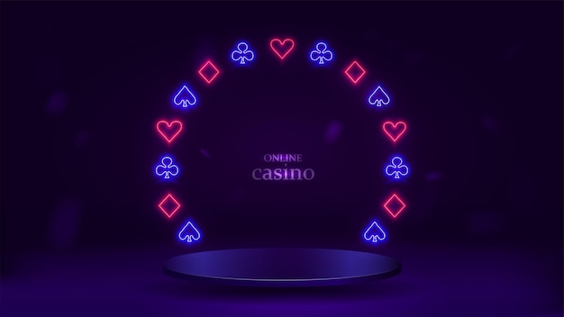 3D-Podium mit neonblauen und rosafarbenen Pokerkarten, Pik, Kreuz, Herz und Karo. Eine Online-Casino-Plattform