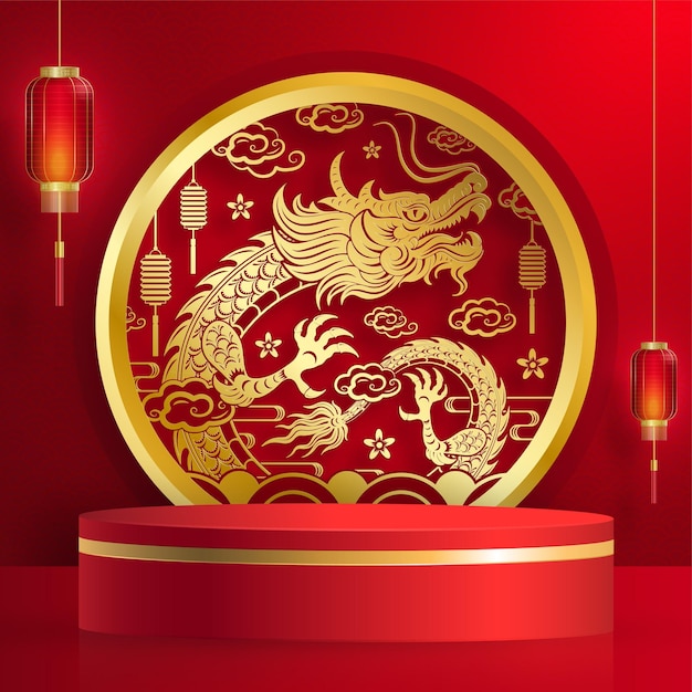 3d-podium-rundstufe für ein frohes chinesisches neujahr 2024 drache-sternzeichen