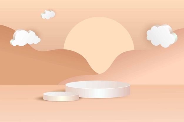 3D-Podium Weißer Sockel in beiger Szene Vitrine für Produktpräsentation und Werbung Leere runde Plattform auf pastellfarbenem Hintergrund mit Wolken und Sonne minimal modernes Design Vektorkulisse