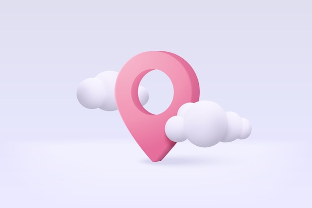 3D-Positionspunktmarkierung der Karte oder des Navigationsstift-Symbolzeichens auf isoliertem Wolkenhintergrund Navigation ist rosa Pastellfarbe mit Schatten auf der Karte Richtung 3D-GPS-Stift-Vektor-Rendering-Illustration
