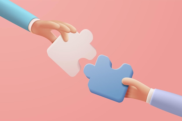 3D-Puzzle-Stücke Symbol für Teamarbeit Problemlösung Geschäftsherausforderung in der Hand von Menschen Verbindung Puzzle-Partner-Konzept 3D-Teamarbeit Idee-Icon Vektor-Render-Illustration