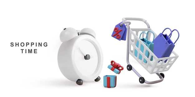 3D realistische Einkaufsbanner, Einkaufswagen, Geschenke, Markttaschen im Stil Vektorillustration
