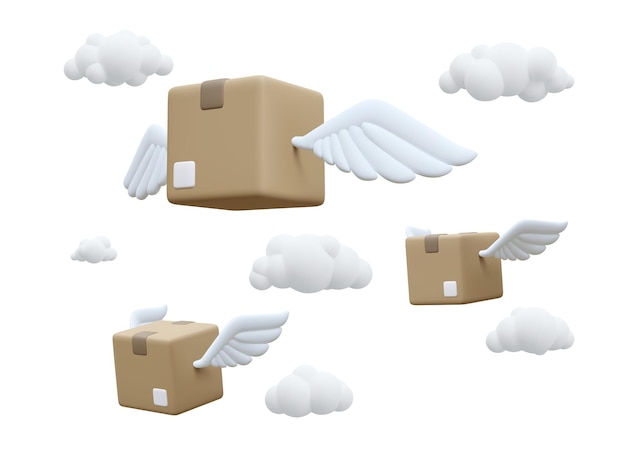 3d realistische fliegende Kartons mit Flügeln in den Wolken Schnelles Lieferservice-Konzept im Cartoon-Stil Vektor-Illustration
