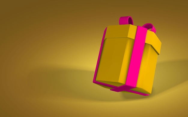 3D realistische gelbe Geschenkbox aus Papier mit rotem Band und Schleife. Pappschachtel auf rotem Hintergrund mit Schatten. Vektor-Illustration.