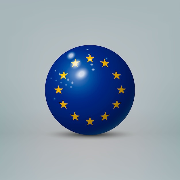 Vektor 3d realistische glänzende plastikkugel oder kugel mit flagge der europäischen union