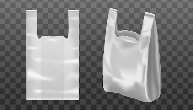 Vektor 3d realistische handtasche mit handloch oder griff aus kunststoff oder folie. transparenter hintergrund.