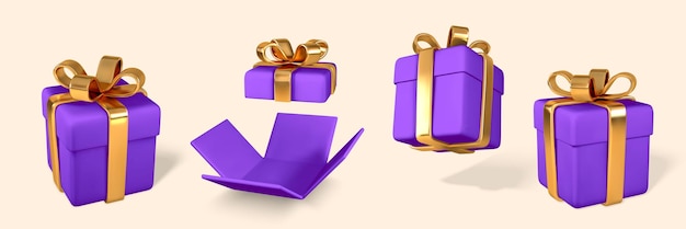 3D realistische lila Geschenkboxen mit goldener Schleife Papierboxen mit Band und Schatten isoliert auf hellem Hintergrund Vektor-Illustration