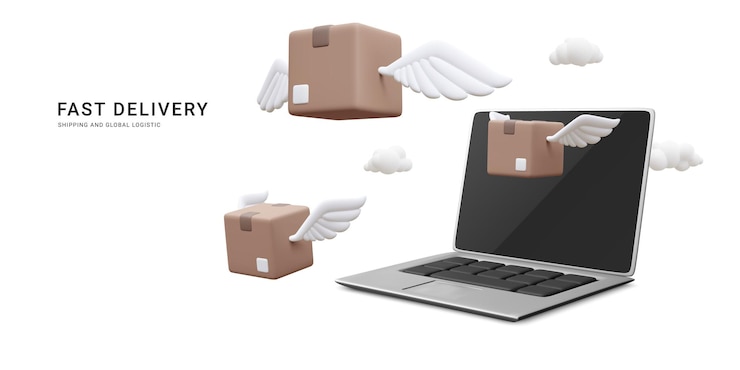 Vektor 3d-realistische pakete, die vom laptop fliegen online-lieferservice im cartoon-stil vektor-illustration