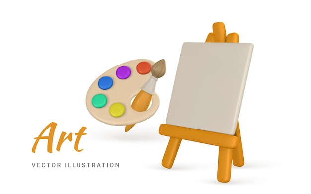 3D realistische Staffelei und Pinsel mit Farben im Cartoon-Stil Vektor-Illustration