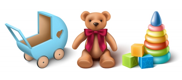 3d realistische vektorsammlung von kinderspielzeug, teddybär, hölzernem kinderwagen, stapler und spielwürfeln. isoliert.