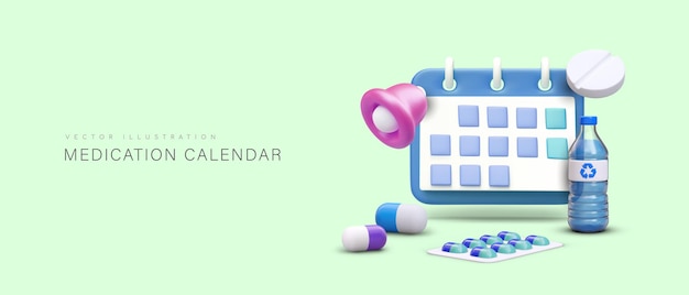 3D-realistischer Kalender und verschiedene Pillen. Erinnerung daran, Medikamente zum richtigen Zeitpunkt einzunehmen