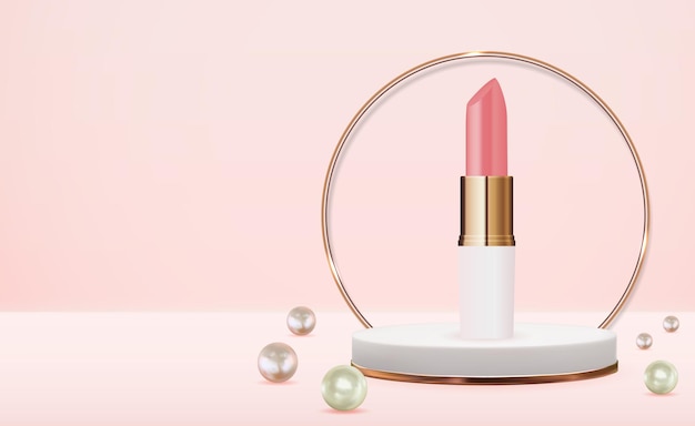 Vektor 3d realistischer natürlicher lippenstift auf rosa podium mit perlen-design. vorlage des modekosmetikprodukts