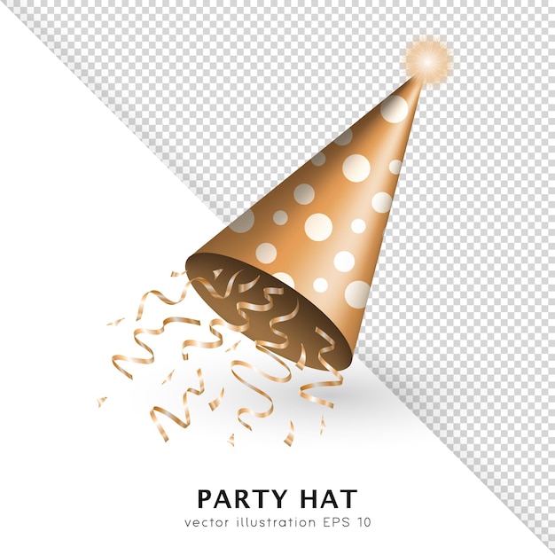 3D-realistischer orangefarbener Geburtstagshut oder feierlicher Partykappenkegel mit goldenen Konfettibändern