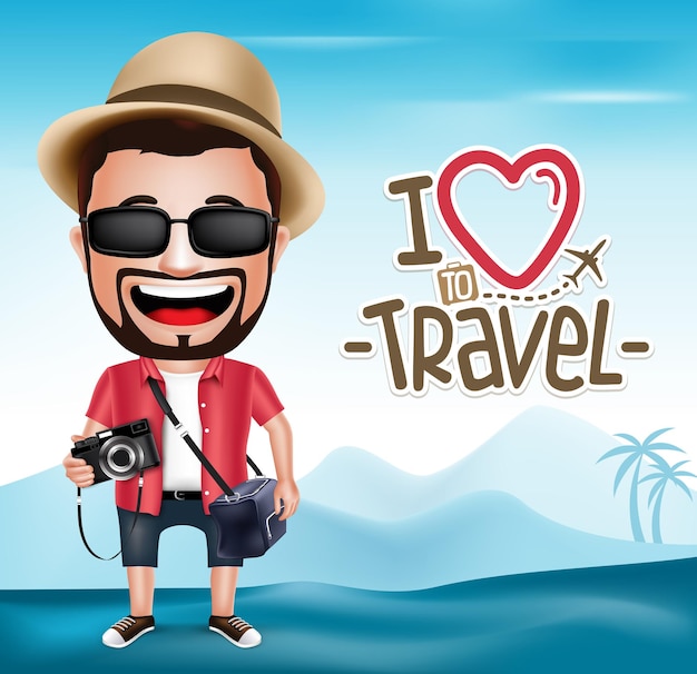 3D-realistischer Tourist-Mann-Charakter mit Fotografen-Outfit mit Berghintergrund