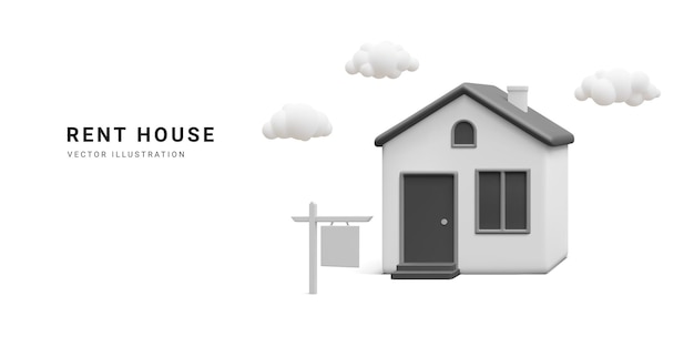 3D-realistisches Banner mit Hauswolken und Straßenschild isoliert auf weißem Hintergrund Immobilienmietagentur Miethauskonzept Haussymbol im Cartoon-Stil, minimale Vektorillustration