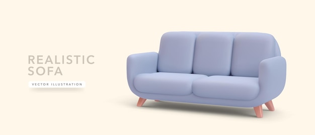 Vektor 3d-realistisches graues sofa mit schatten isoliert auf gelber hintergrundvektorillustration