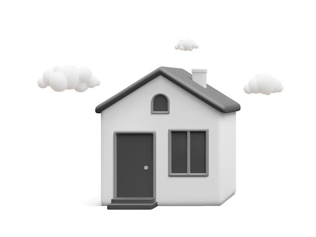 3D-realistisches Haus mit Wolken isoliert auf weißem Hintergrund Immobilien-Hypothekendarlehenskonzept Haussymbol im Cartoon-minimalen Stil Vektorillustration