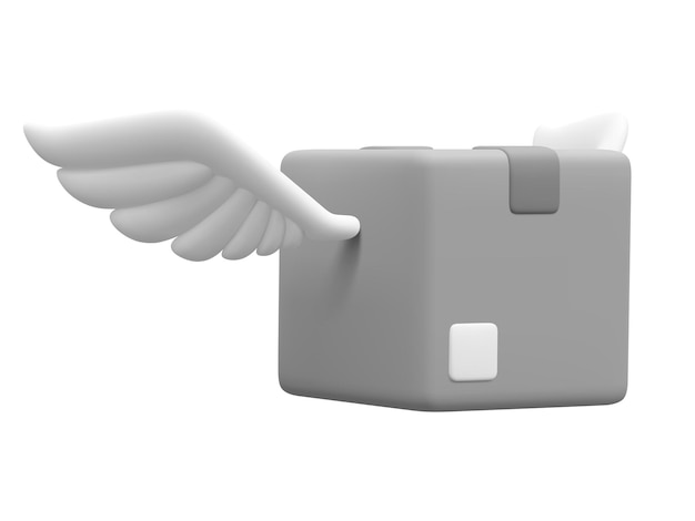 3D-realistisches Paket mit Flügeln isoliert auf weißem Hintergrund Kartons für Lieferservice-Konzept im Cartoon-Stil Vektor-Illustration
