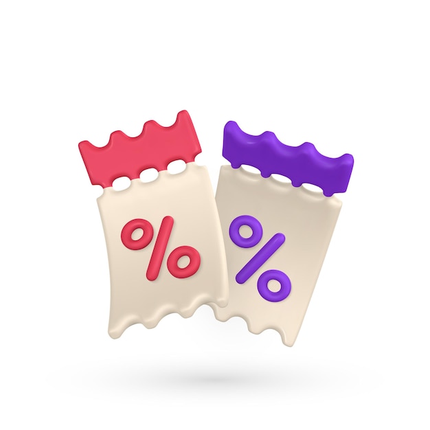 3D-realistisches Papier-Rabattticket oder Coupon im Plastik-Cartoon-Stil. Vektorillustration