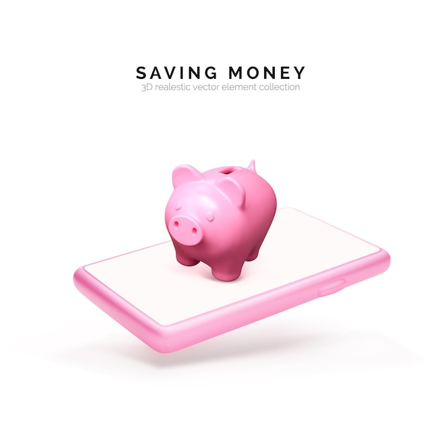 3d-realistisches sparschwein mit mobiltelefon sparschwein-konzept der geldeinzahlung und -investition für finanz-app oder -service geschäftsvorlage zum sparen von geld vektorillustration