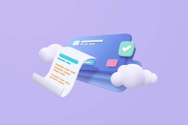 3D-Rechnungszahlung mit Kreditkarte und Finanzen für Online-Shopping Online-Zahlungskreditkarte mit sicherem Konzept Rechnungstransaktion auf Cloud 3D-Vektorrendering für Symboldarstellung für Unternehmensfinanzierung