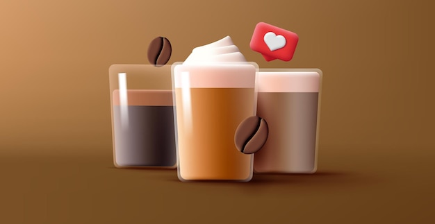 3d-render-kaffeetassen aus glas mit capuccino latte und schwarzem americano-kaffee mit ähnlichem