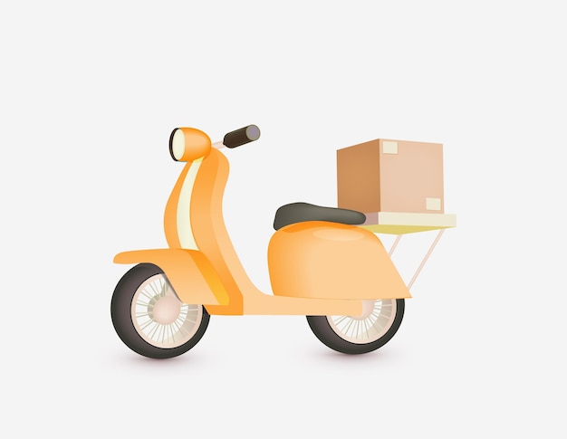 3D-Render orangefarbener Motorradroller und Paketkastenstapel