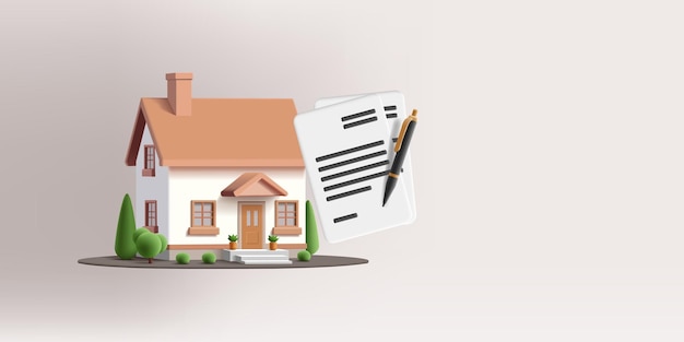 3D-Render-Vektordarstellung eines Hauses mit Vertragspapieren-Symbol für die Unterschrift einer Immobilieninvestition, Hypothek und Leasingagentur-Illustration