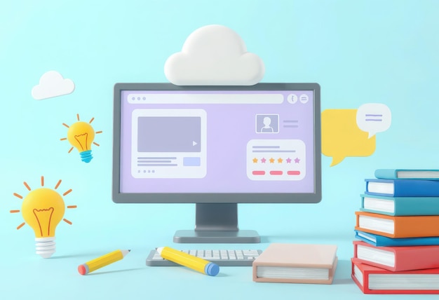 3D-Rendering-Computer-Arbeitsstation Desktop-Monitor-Cloud-Computing-Elearning-Plattform-Stack, der von der E-Learning-Platform unterstützt wird