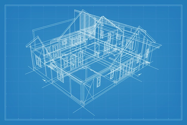 3D-Rendering der Gebäude-Wireframe-Struktur Perspektive der Außenfläche des Hauses Abstrakte Konstruktionsgrafik Idee Vektorillustration