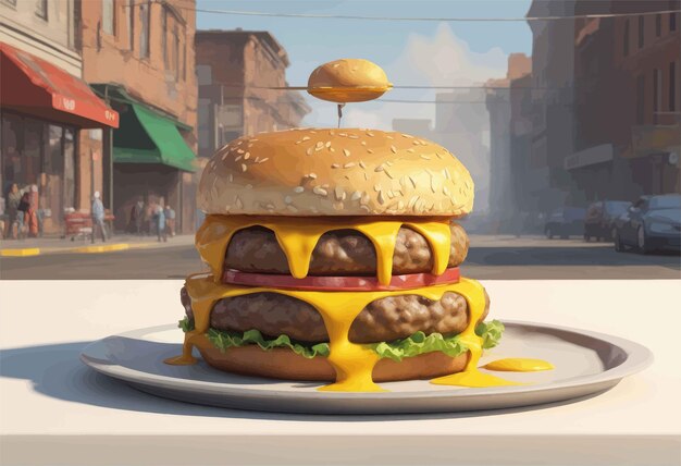 3D-Rendering eines Burgers auf dem Tisch 3D- Rendering eines Burger auf dem Tisch