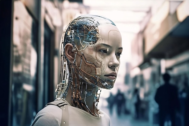 Vektor 3d-rendering eines weiblichen robots mit künstlichem intelligenzkopf in einem einkaufszentrum