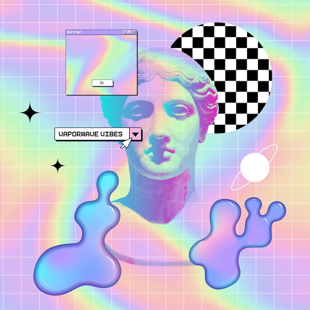 3D-Rendering-Komposition eines antiken griechischen Statuenkopfes im Pixel-Art-Stil mit Glitchy-Effekt und y2k-flüssigen Schleimblöcken Konzept der klassischen Kunst in moderner Stilierung Vaporwave-Vektordesign