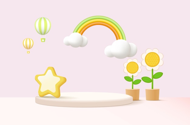 Vektor 3d-rendering-podium-kind-stil mit bunten pastellfarbenen hintergrundwolken und wetter mit platz für kinder oder babyprodukte