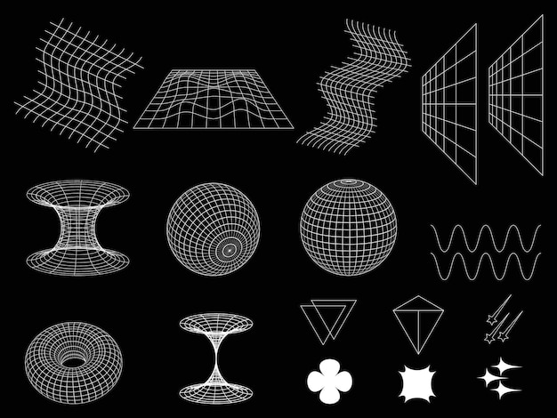 3D-Retro-Wireframe-Set Weiße Wireframe-Elemente auf schwarzem Hintergrund