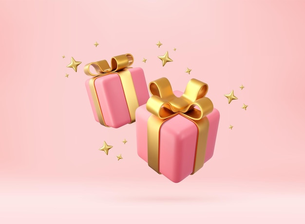 3D-rosa Geschenkkisten mit goldenem Band und Bogen und goldenen Pailletten Konfetti Geburtstagsfeierkonzept Frohes Neujahr und frohes Weihnachten Geschenkkisten mit goldenen Bogen 3D-Rendering Vektorillustration