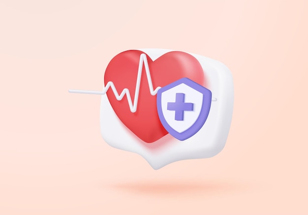 3D-rotes Herz mit weißer Pulslinie Ikon zeigt Herzschlag oder Kardiogramm für einen gesunden Lebensstil Herzhilfe medizinische Gesundheitsversorgung Pulsschlag Messung 3D-Schlag Rhythmus Vektor Ikonen Rendering Illustration