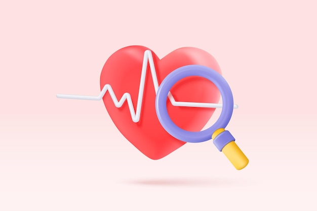 3D rotes Herz mit weißer Pulslinie mit Lupe Monitor Herzschlag oder Kardiogramm für gesunden Lebensstil Pulsschlag Maßnahme Herzunterstützung medizinische Gesundheitsversorgung 3D-Vektorsymbol Render-Illustration