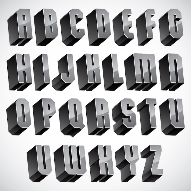 Vektor 3d-schriftart, geometrischer maßbuchstabensatz, monochromes alphabet für design.