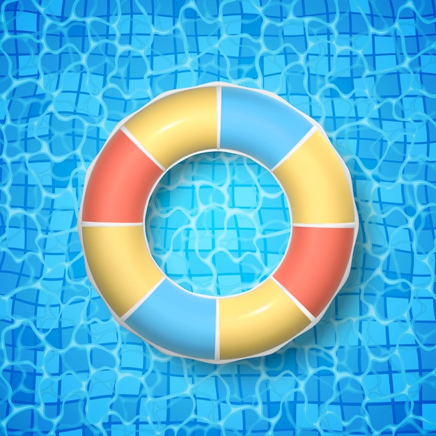 3d-schwimmring auf dem hintergrund des blauen wassers ansicht von oben sommerzeitsymbol auf ozean-meer-pool-hintergrund vektor-illustration