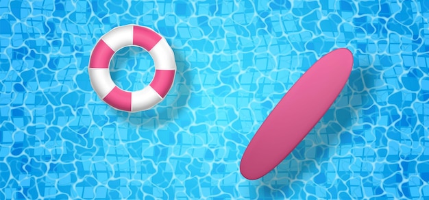 3D-Schwimmring und Surfbrett auf dem Hintergrund des blauen Wassers Ansicht von oben Sommerzeit-Symbol auf Ozean-Meer-Pool-Hintergrund Vektor-Illustration