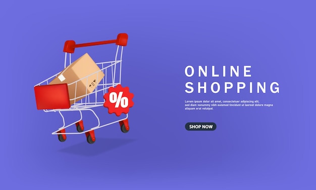 3D-Shopping-Tag auf dem Smartphone mit schwimmendem Wagen mit Paketkisten auf lila Hintergrund für Lieferung und Online-Shopping-Konzept