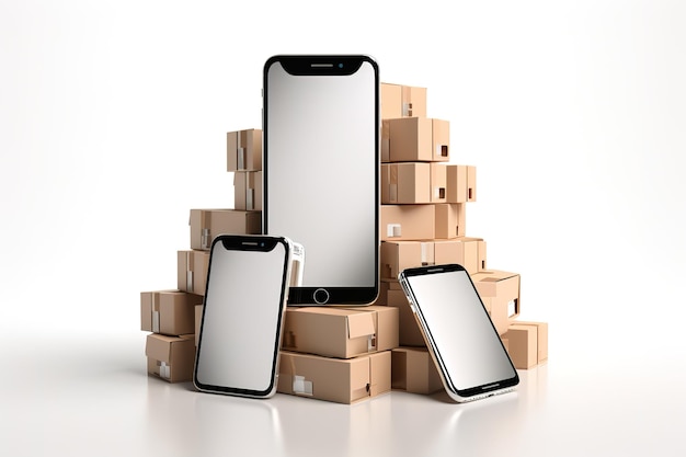 Vektor 3d-smartphone mit weißem leerbildschirm und kartonkisten auf weißem hintergrund e-commerce und shippi