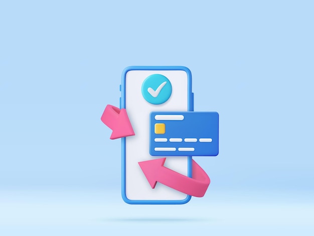 3d-smartphone und plastik-kreditkarte cashback-geldübertragungskonzept für landing-seite web-mobil-app poster 3d-rendering vektor-illustration