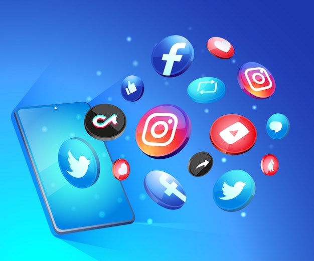 3d social media icons mit smartphone