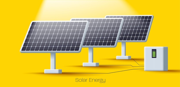 3D-Solarkraftwerk mit Panel und Energiekollektor 3D-Darstellung rendern 3D-Stil gelb hell