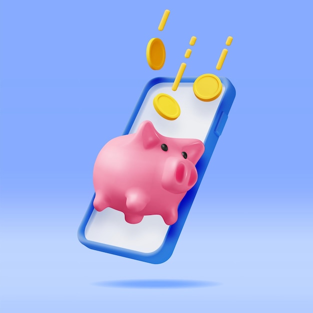 3d-sparschwein mit münzen im mobiltelefon